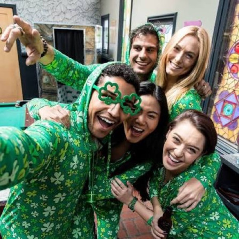 MeUndies green Shamrock Onesie with hood and pockets